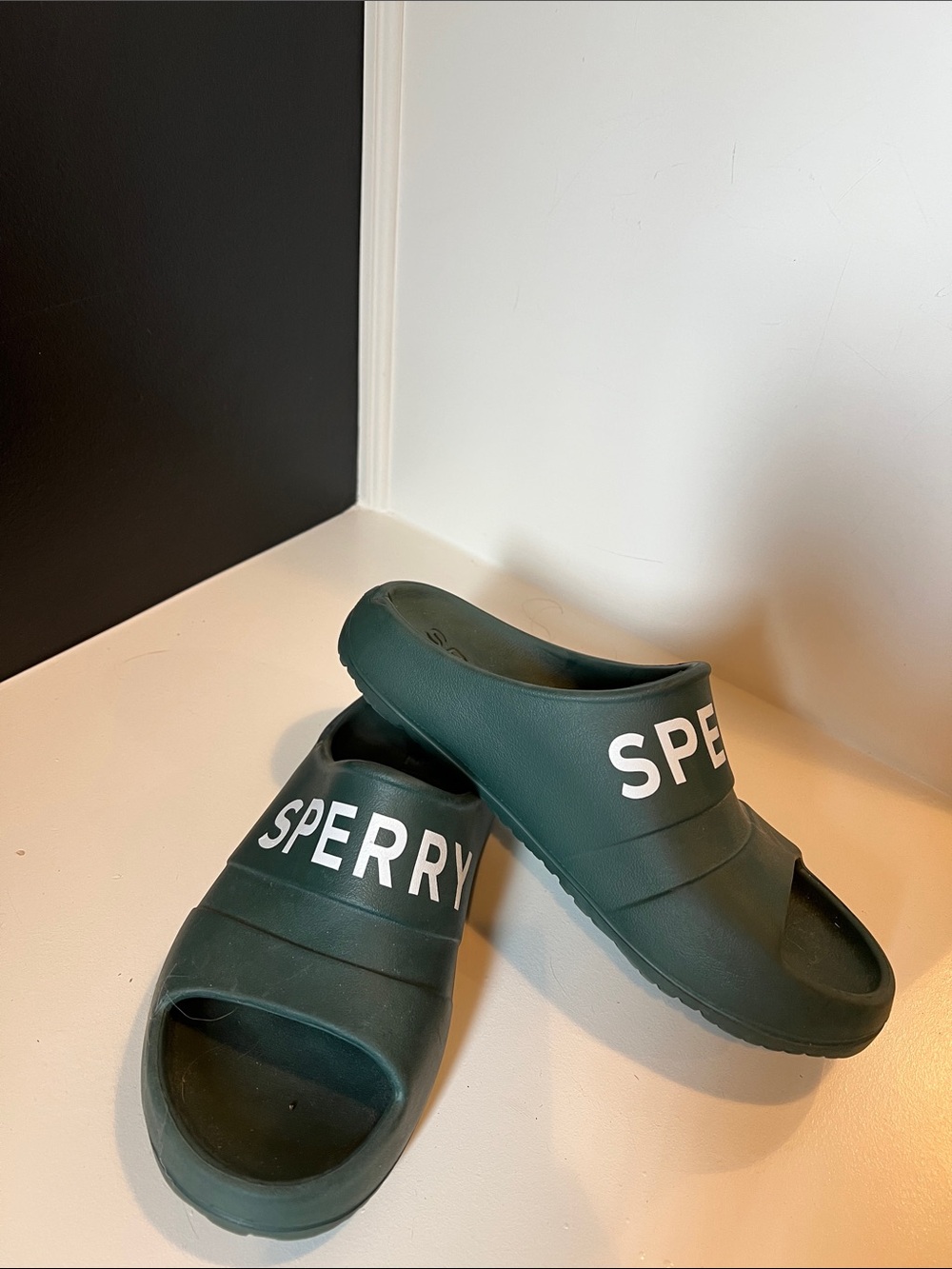 Sperry Men's Dark Green Slide Sandals with White Logo